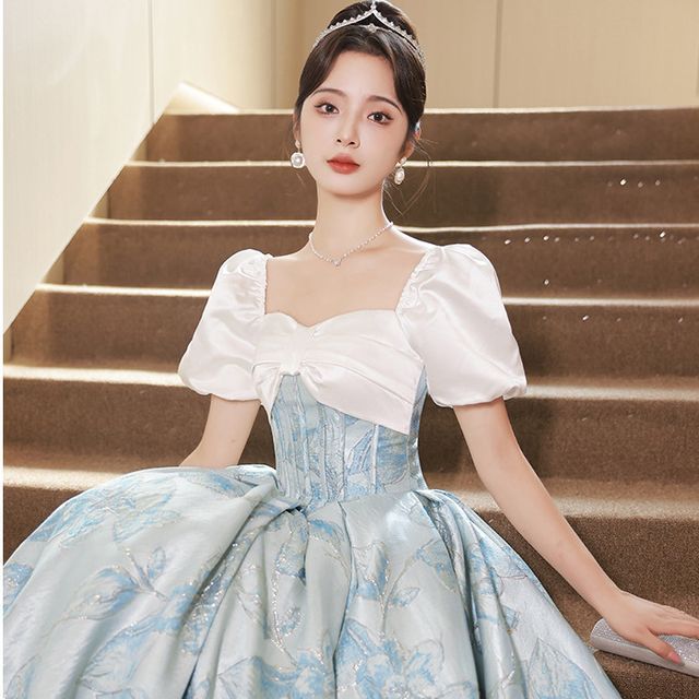 Short-Sleeve Square Neck Corset Waist Evening Gown