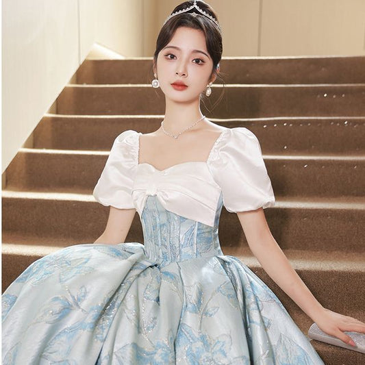 Short-Sleeve Square Neck Corset Waist Evening Gown