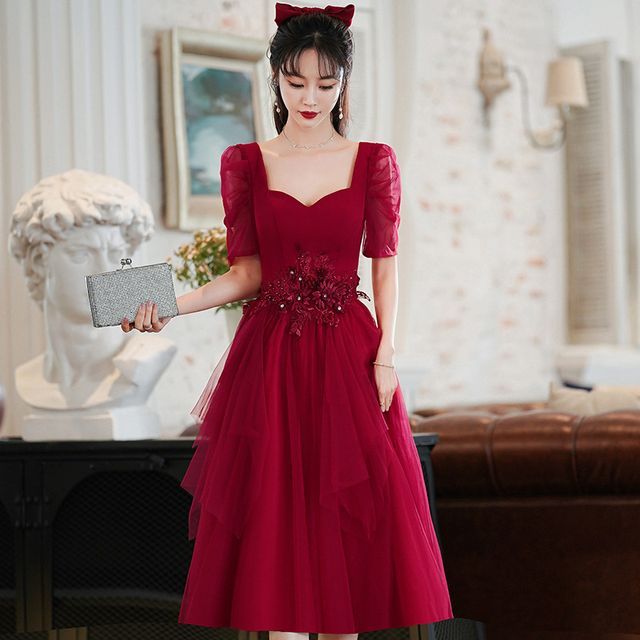 / Evening Short-Sleeve A-Line Gown Sweetheart Neckline Dress Mesh