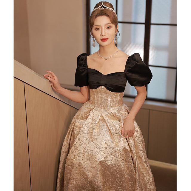 Short-Sleeve Square Neck Corset Waist Evening Gown