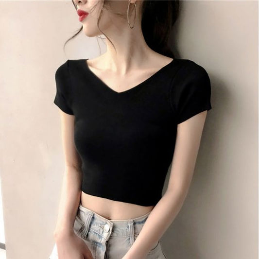 T-Shirt V-Neck Short-Sleeve Cropped Plain