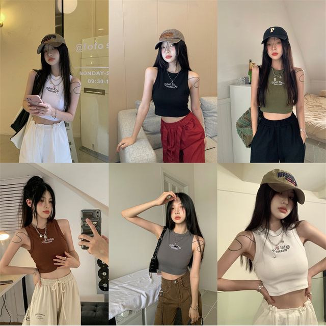 Crew Letter Crop Tank Neck Embroidered Top