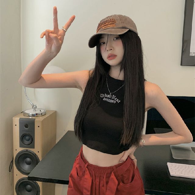 Crew Letter Crop Tank Neck Embroidered Top