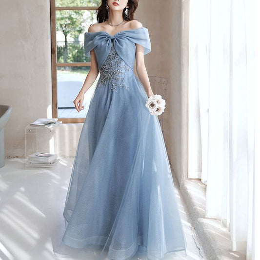 Short-Sleeve Off Shoulder Sequin Beaded Mesh A-Line Evening Gown / Midi Cocktail Dress