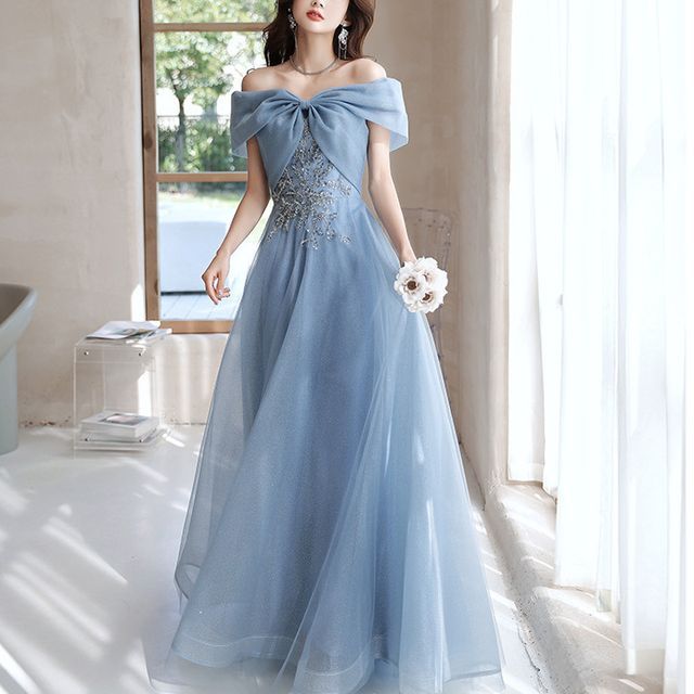 Short-Sleeve Off Shoulder Sequin Beaded Mesh A-Line Evening Gown / Midi Cocktail Dress