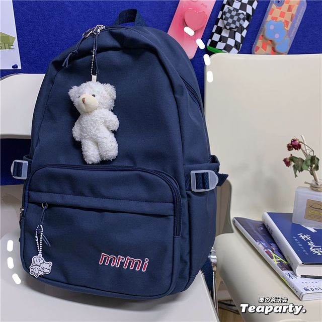 Letter Embroidered Multi-Pocket Backpack / Bag Charm / Set