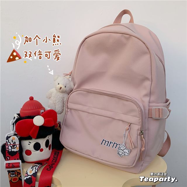 Letter Embroidered Multi-Pocket Backpack / Bag Charm / Set