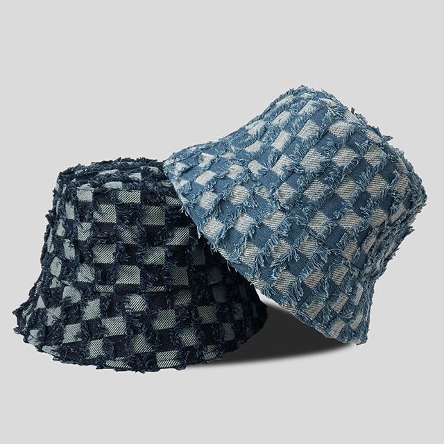 Checker Bucket Denim Hat Fringed