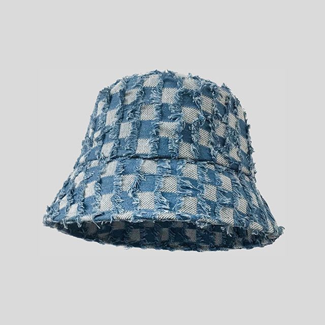 Checker Bucket Denim Hat Fringed