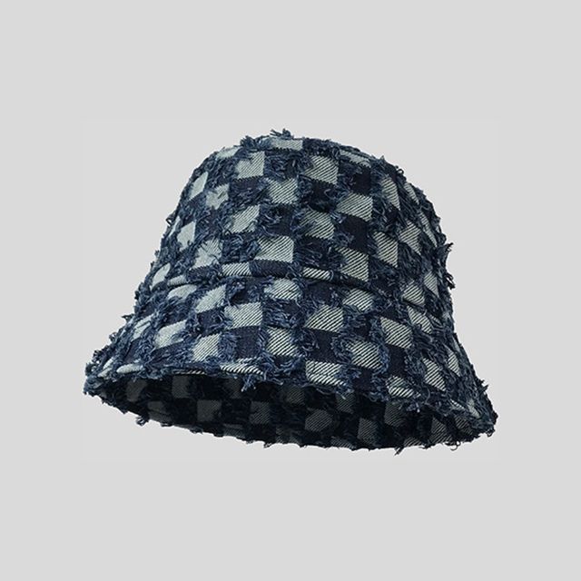 Checker Bucket Denim Hat Fringed