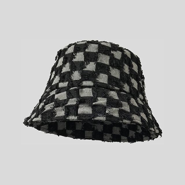Checker Bucket Denim Hat Fringed