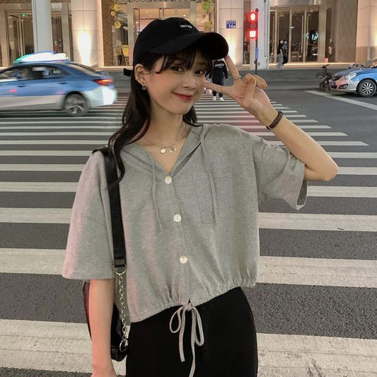 Short-Sleeve Plain Hooded Cropped Tee Button-Up