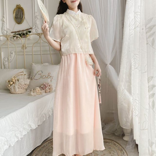 Set: Short Sleeve Mandarin Collar Floral Embroidered Blouse + High Rise Plain Maxi A-Line Skirt