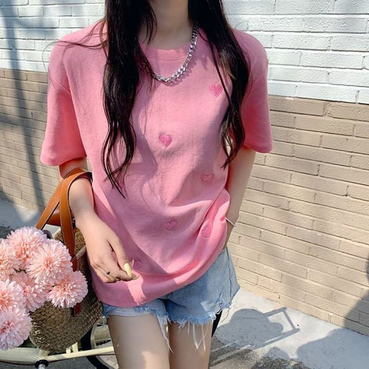 Round Tee Neck Short-Sleeve Heart Embroidered