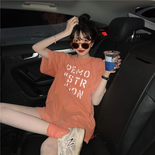 Neck Lettering Tee Short-Sleeve Round