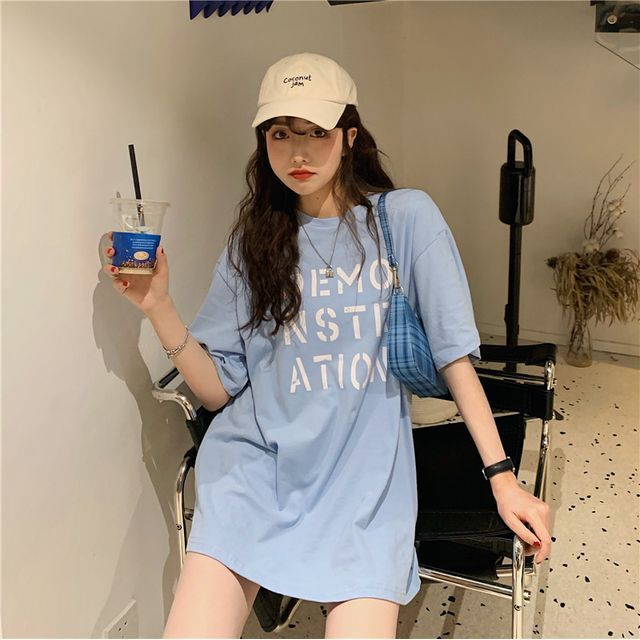 Neck Lettering Tee Short-Sleeve Round