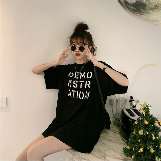 Neck Lettering Tee Short-Sleeve Round