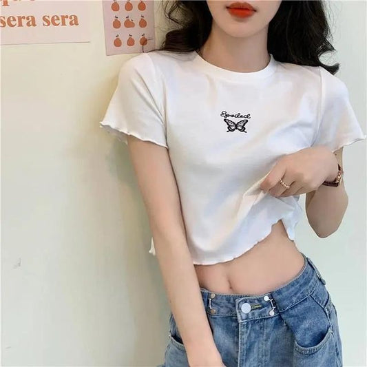 Crew Short-Sleeve T-Shirt Edge Neck Embroidered Lettuce Butterfly Crop