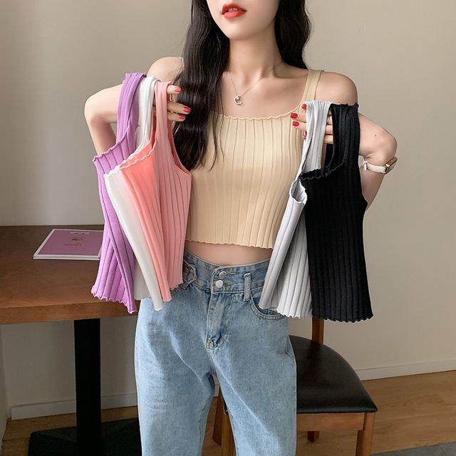 Neck Plain Square Tank Top Knit Ribbed Crop