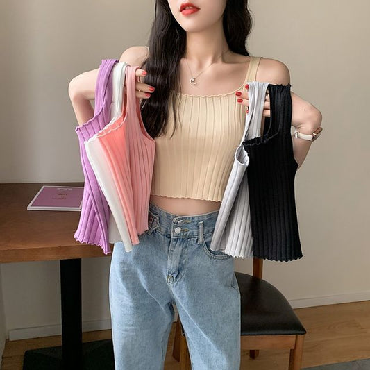 Neck Plain Square Tank Top Knit Ribbed Crop