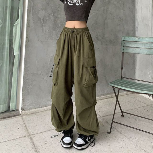 Leg Drawstring Wide Cargo Pants Waist Plain