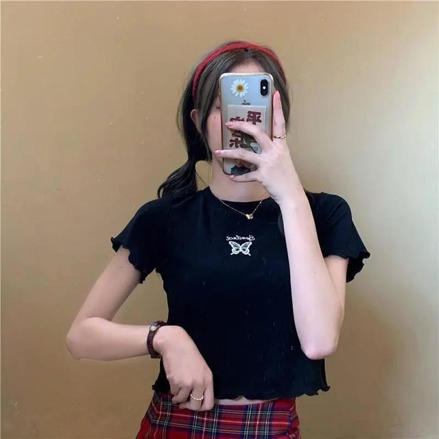 Crew Short-Sleeve T-Shirt Edge Neck Embroidered Lettuce Butterfly Crop