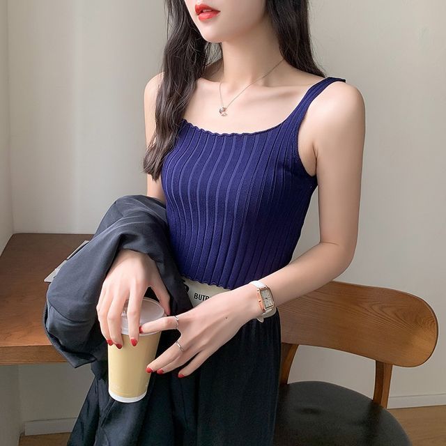 Neck Plain Square Tank Top Knit Ribbed Crop