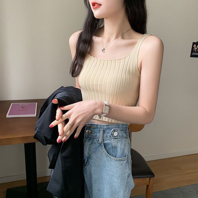 Neck Plain Square Tank Top Knit Ribbed Crop