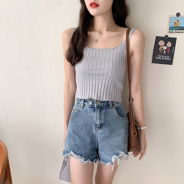 Neck Plain Square Tank Top Knit Ribbed Crop