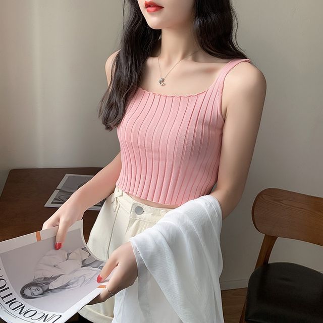 Neck Plain Square Tank Top Knit Ribbed Crop