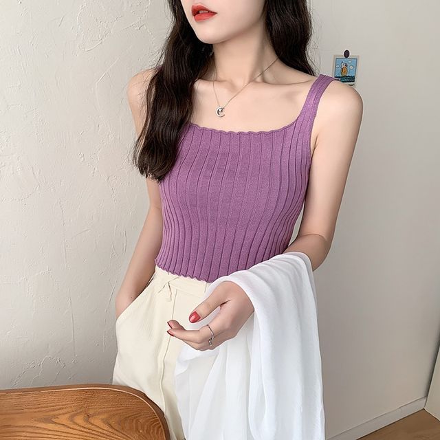 Neck Plain Square Tank Top Knit Ribbed Crop