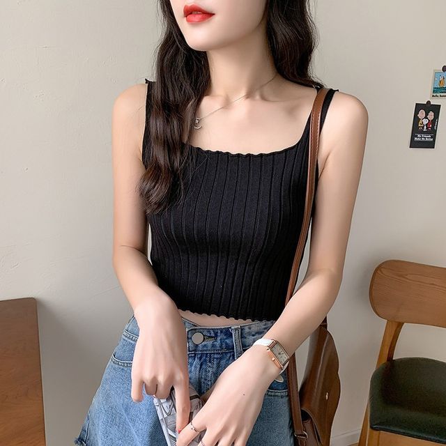 Neck Plain Square Tank Top Knit Ribbed Crop