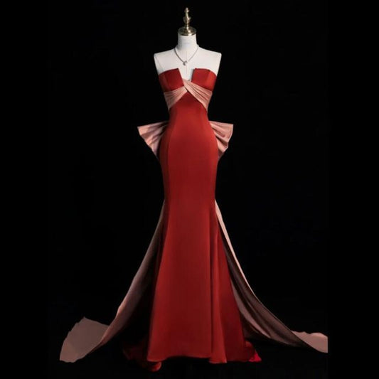 Two Tone Bow Criss Cross Mermaid Tube Evening Gown