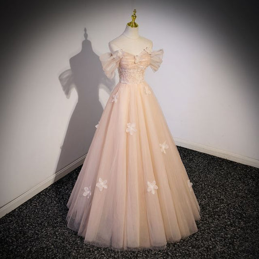 Short-Sleeve Off Shoulder Floral Patterned Panel Mesh A-Line Evening Gown