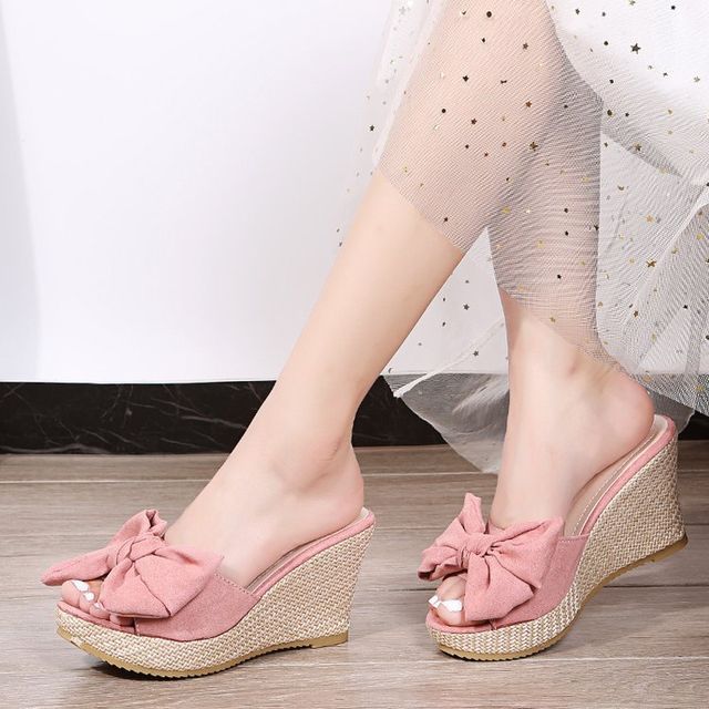 Slide Wedge Espadrille Sandals Bow Heel