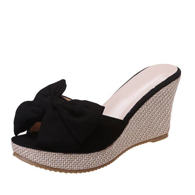 Slide Wedge Espadrille Sandals Bow Heel