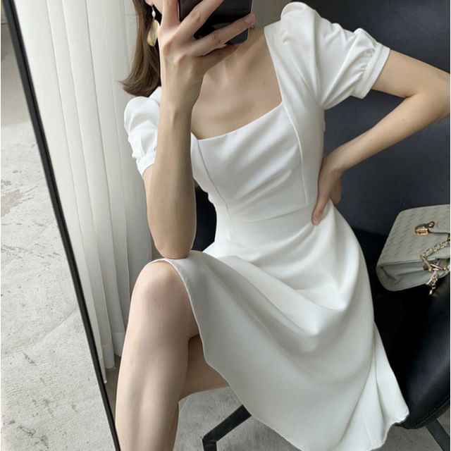Dress Neck Short-Sleeve Plain Midi Square A-Line