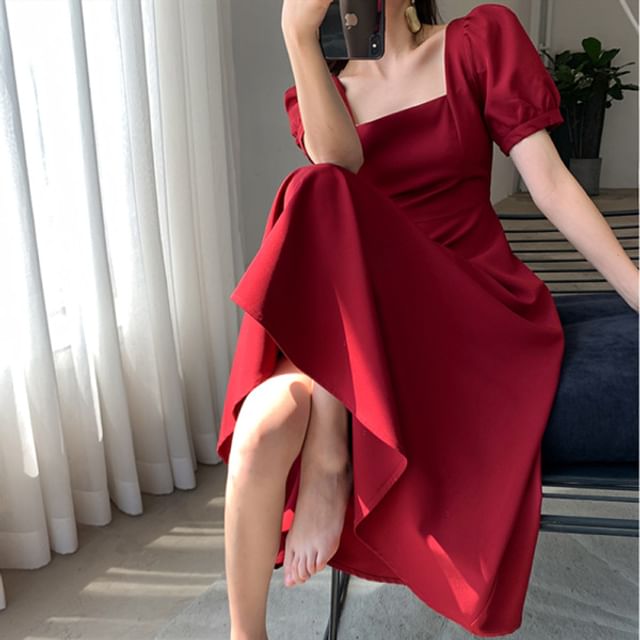 Dress Neck Short-Sleeve Plain Midi Square A-Line