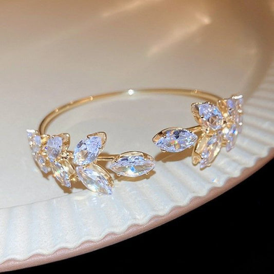 Bangle Alloy Rhinestone Leaf Open