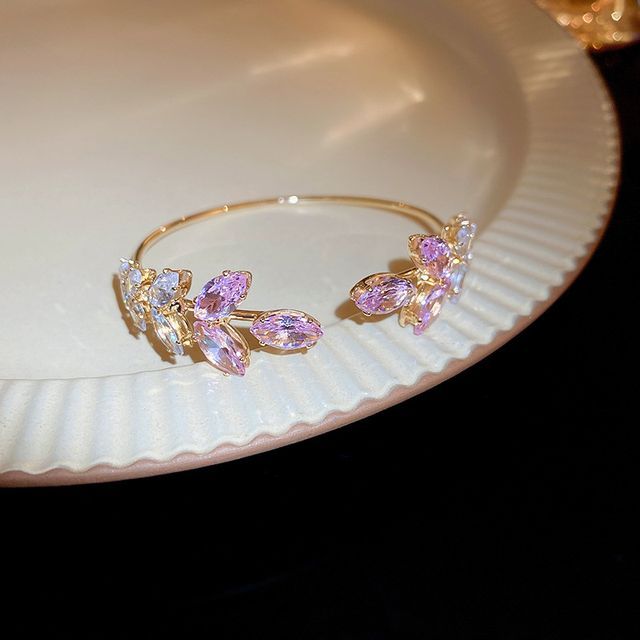 Bangle Alloy Rhinestone Leaf Open