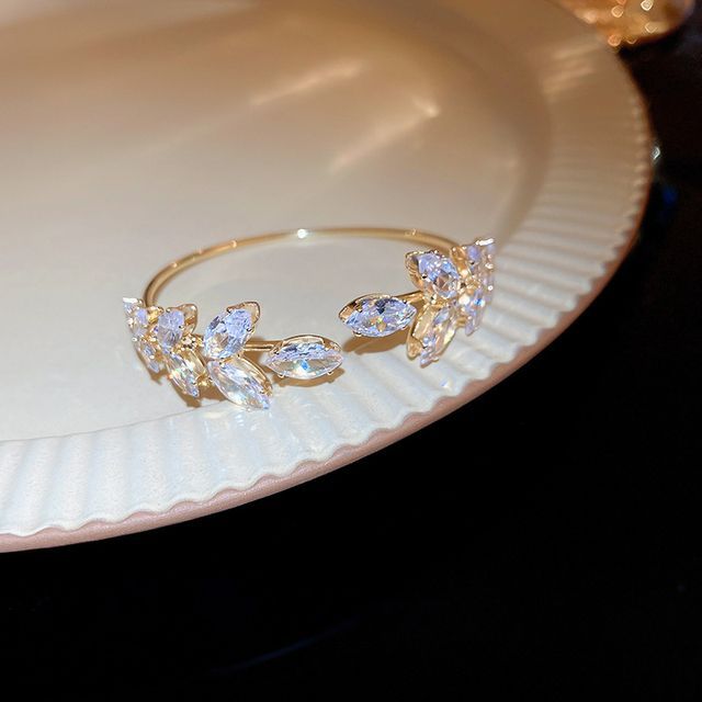 Bangle Alloy Rhinestone Leaf Open