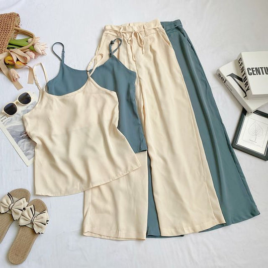 Set: Plain Camisole Top + High Waist Wide Leg Pants