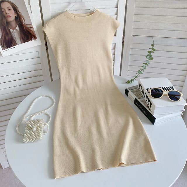 Cap-Sleeve Mock Neck Plain Knit Mini Bodycon Dress