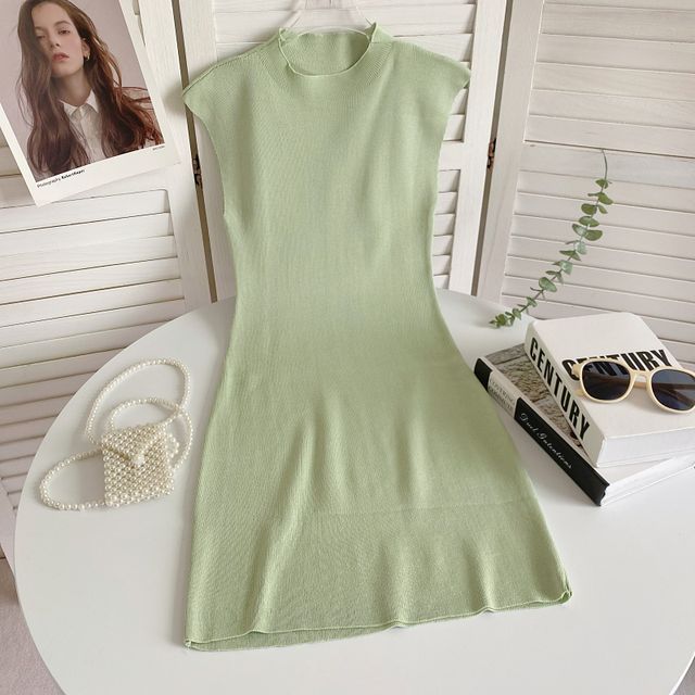 Cap-Sleeve Mock Neck Plain Knit Mini Bodycon Dress