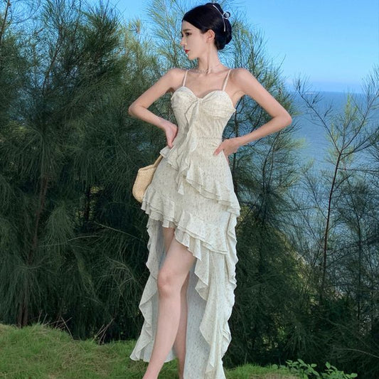 Maxi Floral A-Line Spaghetti Dress Ruffle Trim Strap