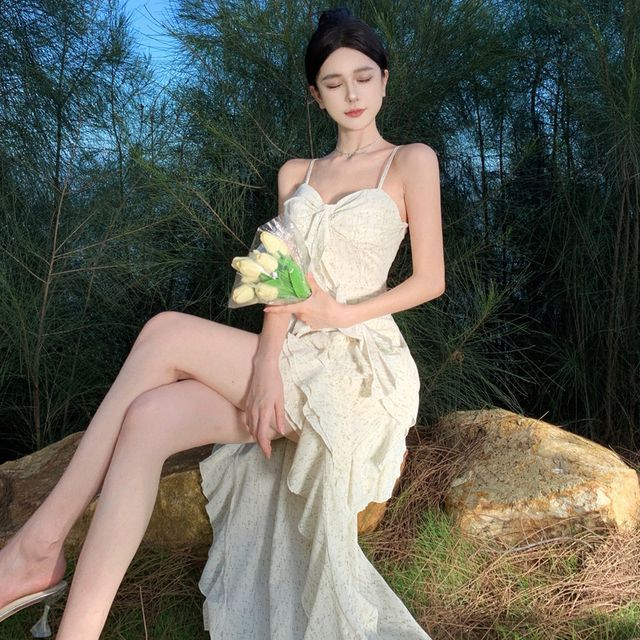 Maxi Floral A-Line Spaghetti Dress Ruffle Trim Strap