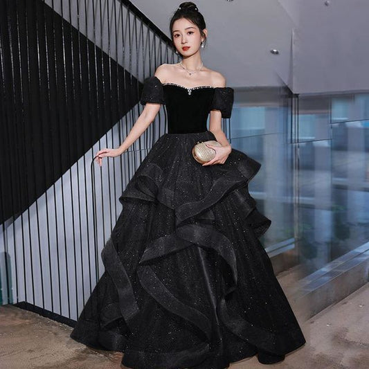 Gown Off Panel Short-Sleeve A-Line Shoulder Glitter Rhinestone Ruffle Velvet Evening