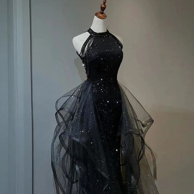 Sleeveless Evening Crew A-Line Glitter Beaded Neck Gown Panel Ruffle Mesh Plain