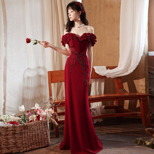 Mesh Beaded Mermaid Ruched Panel Short-Sleeve Plain Shoulder Evening Gown Off