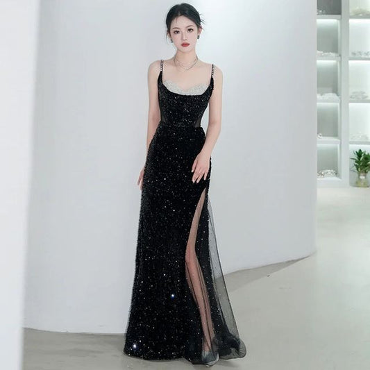 Spaghetti Evening Sequin A-Line Panel Two Mesh Strap Tone Slit